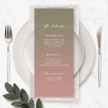 Menú Elegante Boda rosa Ombre Lily Green y Rosa Polvori<br><div class="desc">Elegante menú de la cena de la cena de la cena de la boda rosa Ombre Lily Green y Dusty Rosa. Esta moderna tarjeta de menú de moda es sencilla, clásica y elegante, con un suave degradado oscuro y un tipo de letra de caligrafía con bonito con cruz. Mostrado en...</div>
