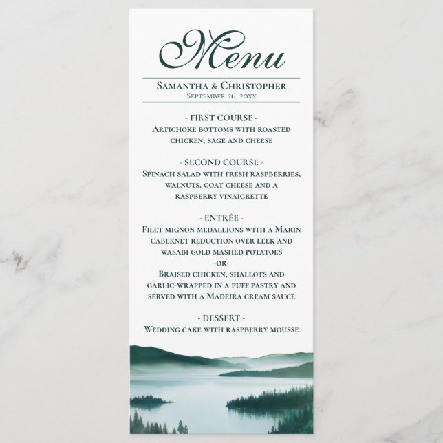 Menú Elegante Boda Rústica en Lago de Montaña Pacífico (Anverso)