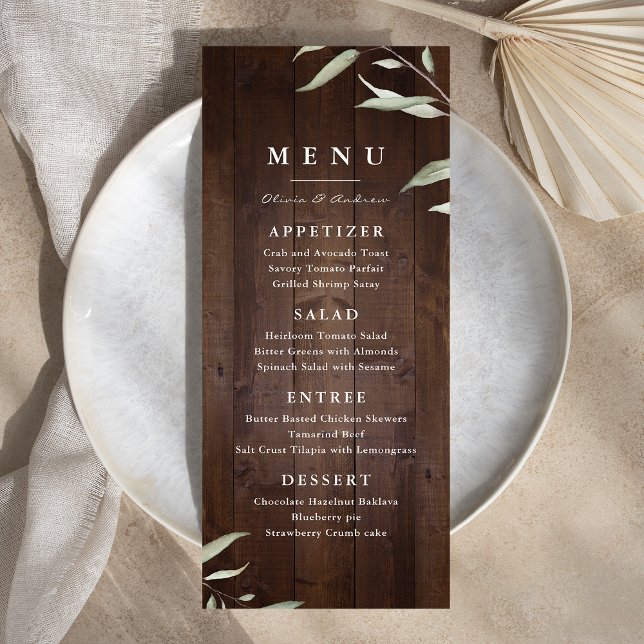 Menú Elegante boda rústico de granero de madera de gran (Elegant greenery barn wood county rustic wedding menu)