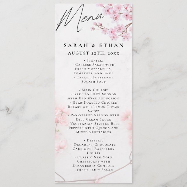 Menú Elegante Boda Sakura floral rosa Cherry Blossom (Anverso)