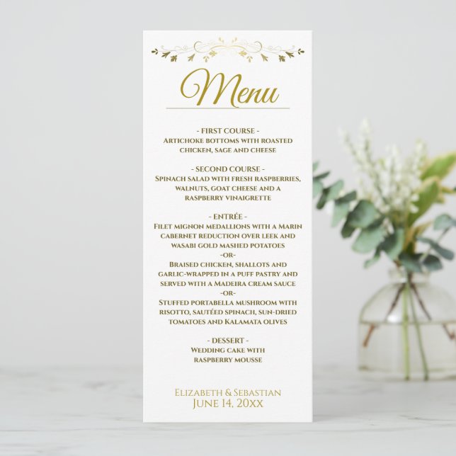 Menú Elegante Boda simple de filigrana dorada y blanca  (Anverso de pie)