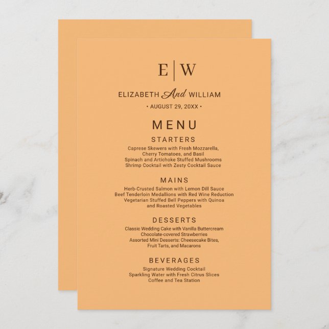 Menú Elegante Boda simple de monograma de engrase (Anverso / Reverso)