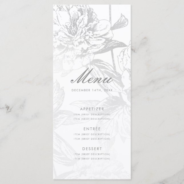Menú Elegante Boda Simple Plata Floral Moderna (Anverso)