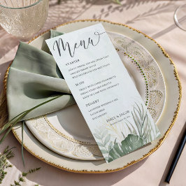 Menú Elegante Boda Tropical con Acuarela Verde
