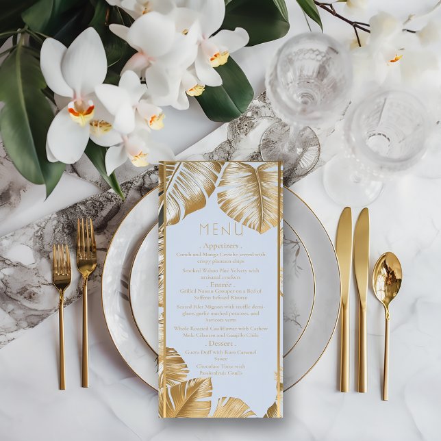 Menú Elegante Boda Tropical Gold Monstera (Stylish Formal Tropical Gilded Gold Monstera Leaf Wedding Menu)