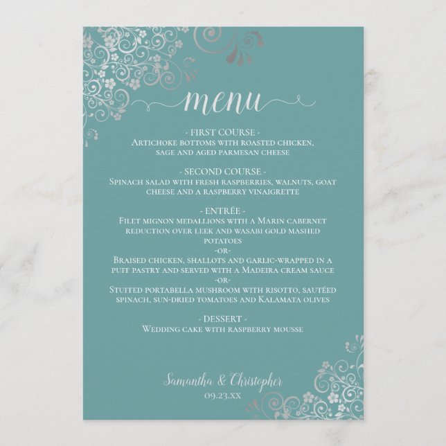 Menú Elegante Boda Turquesa de encaje plateado (Anverso)