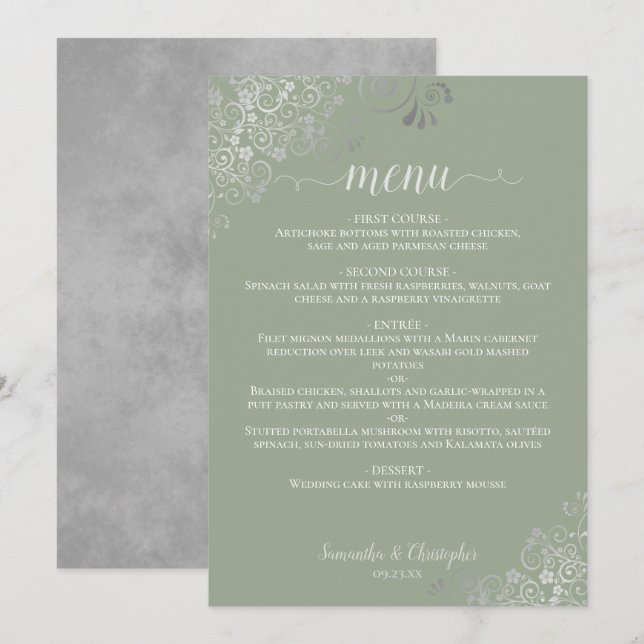 Menú Elegante Boda verde de encaje plateado (Anverso / Reverso)