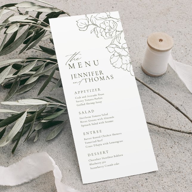 Menú Elegante boda verde de salvia floral a mano (Elegant hand drawn floral sage green wedding menu)