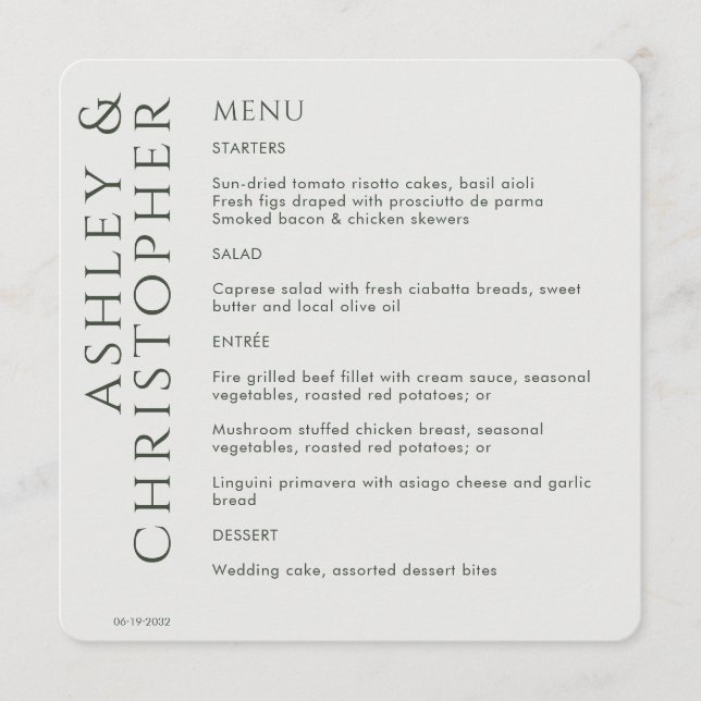 Menú Elegante Boda verde oscuro oscuro de mezs moderno (Anverso)