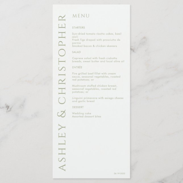 Menú Elegante Boda verde sabio moderno (Anverso)