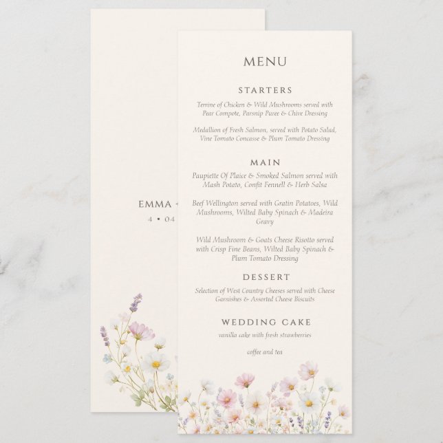 Menú Elegante Boho flores silvestres Escritura Boda  (Anverso / Reverso)