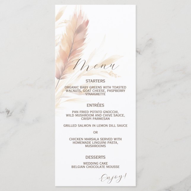 Menú Elegante Boho Watercolor Pampas Fall Wedding (Anverso)
