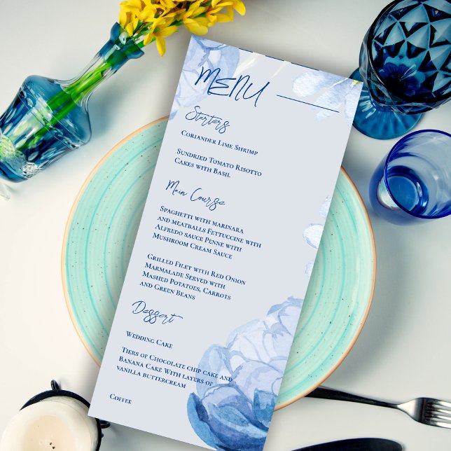 Menú Elegante Bonito de moda fiesta de boda floral azul (Trendy Elegant Pretty Blue Floral Wedding Party Menu)