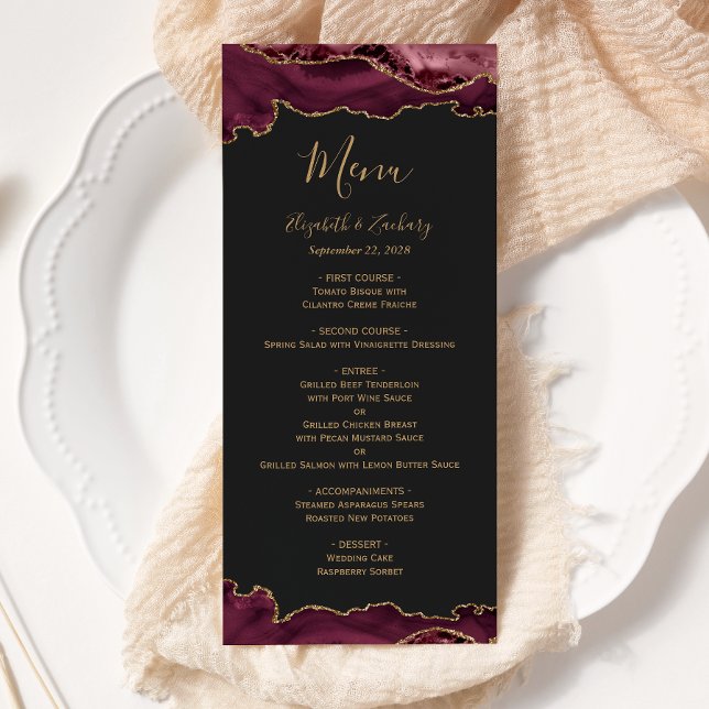 Menú Elegante Burgundy Oro Ágata Bodas Oscuras (Subido por el creador)
