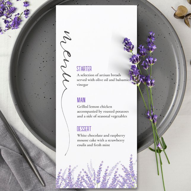 Menú Elegante caligrafía acuarela Lavanda Boda (Elegant Calligraphy Lavender floral Wedding Menu)