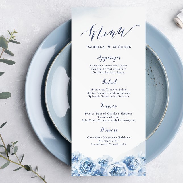 Menú Elegante caligrafía azul acuarela boda floral (Elegant calligraphy blue watercolor floral wedding menu)