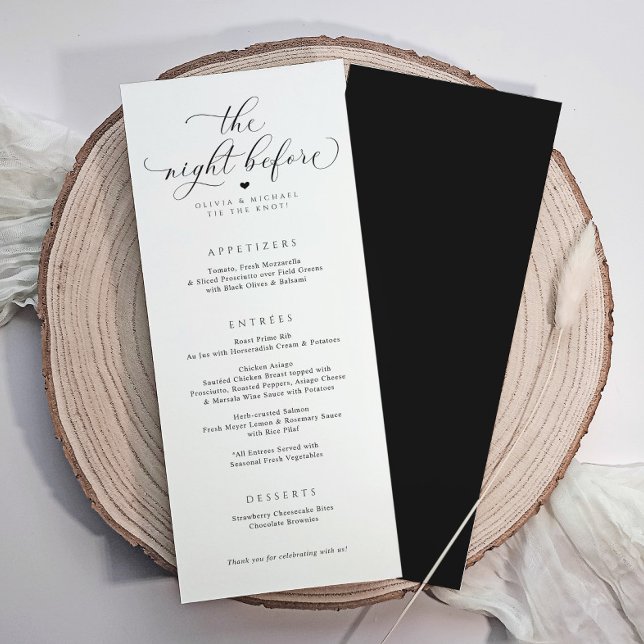 Menú Elegante caligrafía Boda ensayo cena (Rehearsal dinner menus with elegant luxury calligraphy script. The night before menus)