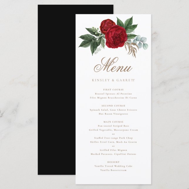 Menú Elegante caligrafía de oro rojo floral negro y bla (Anverso / Reverso)