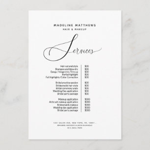 Menú Elegante caligrafía Lista de precios de venta en b