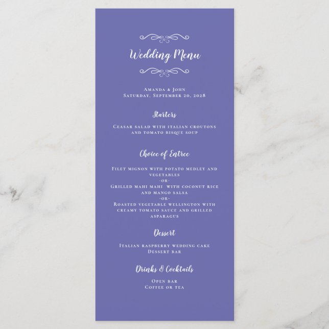 Menú Elegante Caligrafía para Bodas Chic Azul Periwinkl (Anverso)