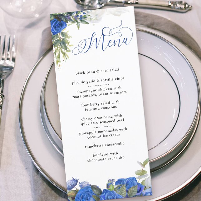 Menú Elegante caligrafía Rosas azules y eucalipto (Menu with personalized message on the back. Floral blue rose design with elegant calligraphy)