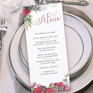 Menú Elegante caligrafía rosas rojas y eucalipto