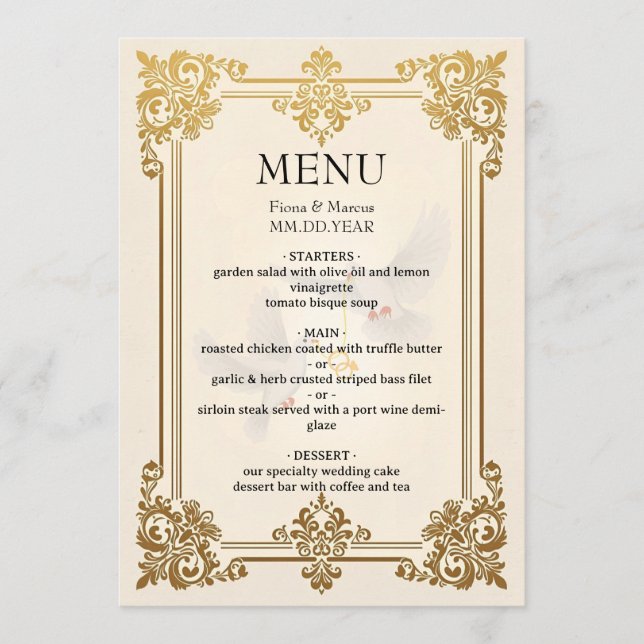 Menú Elegante carta Boda dorado carta recepción de lujo (Anverso)