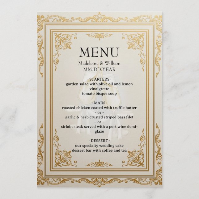 Menú Elegante carta Boda dorado carta recepción de lujo (Anverso)