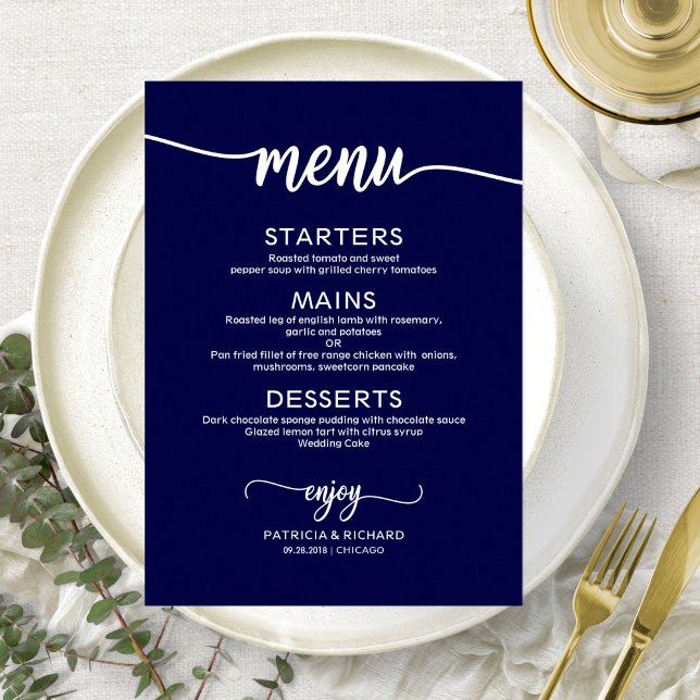 Menú Elegante carta de Boda azul de la Marina (Subido por el creador)