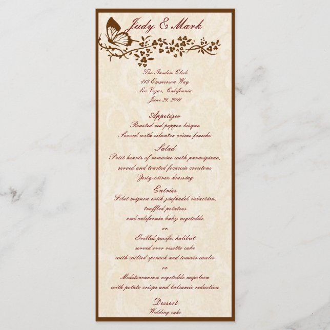 Menú Elegante carta de Boda de mariposa (Anverso)