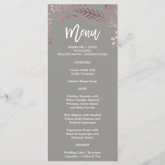 Menú Elegante carta de Boda Rosa dorado y gris (Anverso)