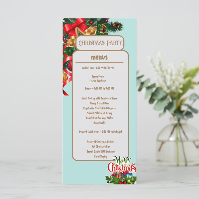 Menú Elegante carta de Navidades verdes florales (Anverso de pie)