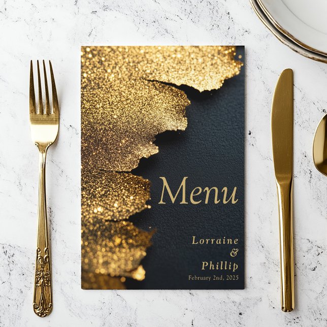 Menú Elegante carta purpurina Gold y boda negro (A luxurious gold foil texture effect menu card. Sleek black background and elegant gold text)