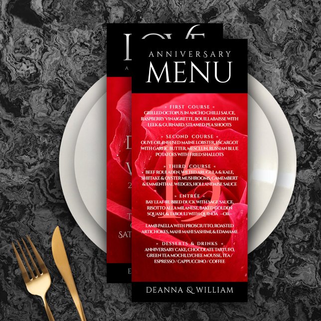 Menú Elegante celebración del 15° Rosa de aniversario d (Elegant 15th Rose Wedding Anniversary Menu Rack Card Cover Photo.)