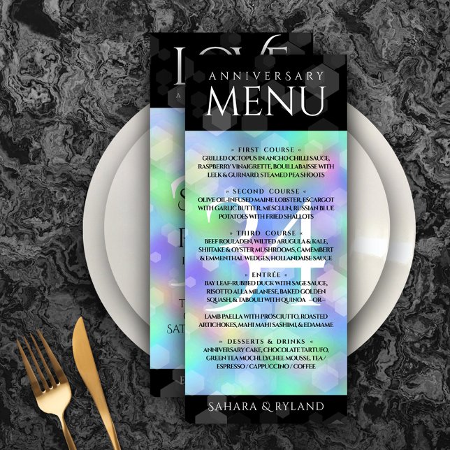 Menú Elegante celebración del 34° Aniversario del Boda  (Elegant 34th Opal Wedding Anniversary Menu Rack Card Cover Photo.)