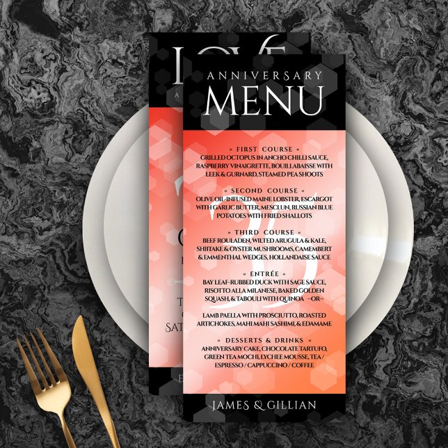 Menú Elegante celebración del 35° aniversario del Boda  (Elegant 35th Coral Wedding Anniversary Menu Rack Card Cover Photo.)