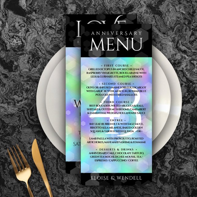 Menú Elegante celebración del 43° Aniversario del Boda  (Elegant 43rd Opal Wedding Anniversary Menu Rack Card Cover Photo.)