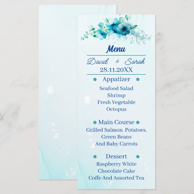 Menú Elegante cena Boda personalizada con flores azules (Anverso / Reverso)