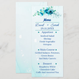 Menú Elegante cena Boda personalizada con flores azules