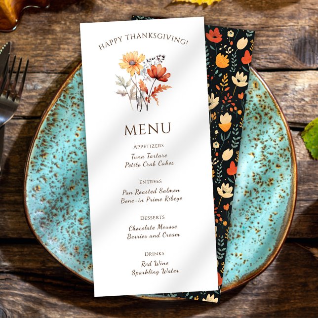 Menú Elegante cena de Acción de Gracias Floral Rústica  (Floral Elegant Thanksgiving Dinner Menu)