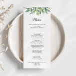 Menú Elegante cena de caligrafía de follaje verde tropi<br><div class="desc">Esta elegante carta de menú para la cena con caligrafía verde tropical es perfecta para un boda moderno. Este diseño hecho a mano presenta una acuarela de hermosas hojas verdes. Este menú se puede utilizar para la recepción de bodas, la cena de ensayo, la ducha de novia o cualquier otro...</div>