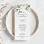 Menú Elegante cena de caligrafía de vegetación dorada<br><div class="desc">Esta elegante carta de menú para cenas con caligrafía dorada es perfecta para un boda moderno. El diseño presenta oro de mano y hojas de eucalipto botánico verde, inspiradoras de belleza artística. Este menú se puede utilizar para la recepción de bodas, la cena de ensayo, la ducha de novia o...</div>