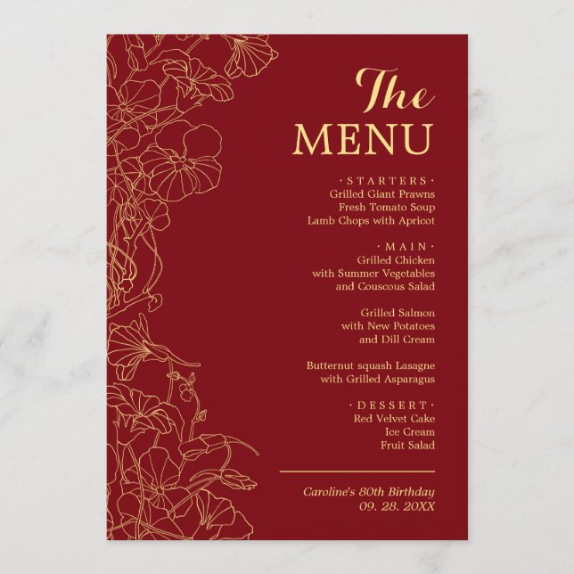 Menú Elegante cena floral de oro rojo 5x7 (Anverso)