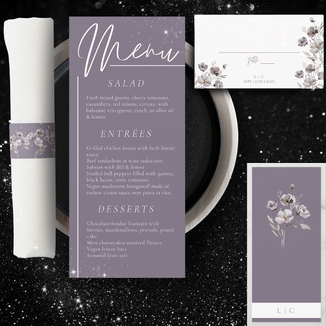 Menú Elegante cena morada con flores de acuarela de bod (Subido por el creador)