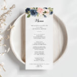 Menú Elegante Cena Sencilla De Calligrafía Floral De In<br><div class="desc">Esta elegante carta floral de invierno para cenar es perfecta para un boda moderno. El diseño se compone de bonitos azules oscuros pintados a mano, azules, marinos, rosados, ondulados, flores doradas y follaje verde, repartidos en elegantes ramos. Este menú se puede utilizar para la recepción de bodas, la cena de...</div>