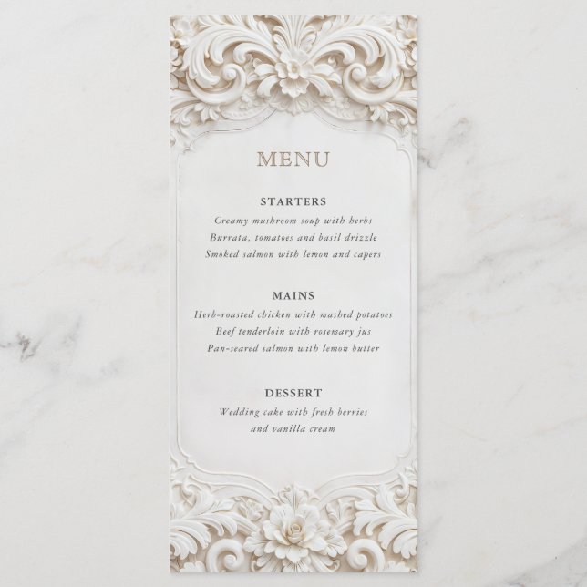 Menú Elegante Clásico Marco Barroco Blanco Boda (Anverso)