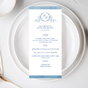Menú Elegante Clásico Monograma Azul acuarela, Boda