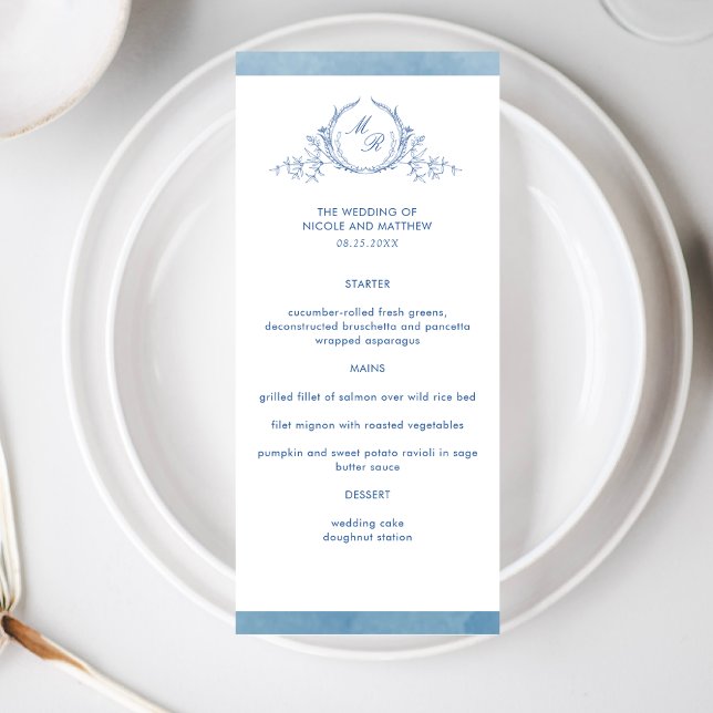 Menú Elegante Clásico Monograma Azul acuarela, Boda (Subido por el creador)