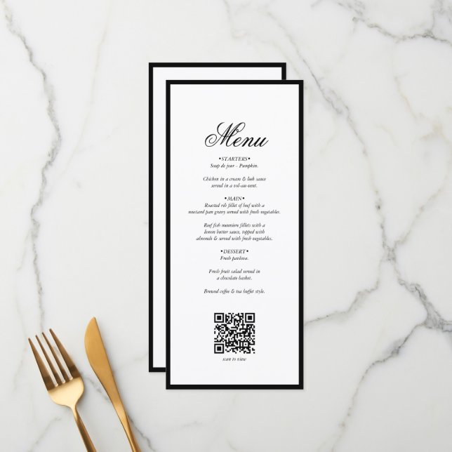 Menú Elegante código QR Boda Monograma Blanco Negro (Anverso/Reverso In Situ)