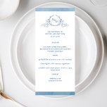 Menú Elegante color azul monograma, Boda<br><div class="desc">Deléitese con este bonito menú boda, que incluye un elegante monograma botánico dibujado a mano con iniciales de parejas y rayas de color azul en la parte delantera, mientras que en la parte trasera hay rayas blancas sobre un exquisito fondo azul acuático. Fácil de rellenar la plantilla para ordenar sus...</div>